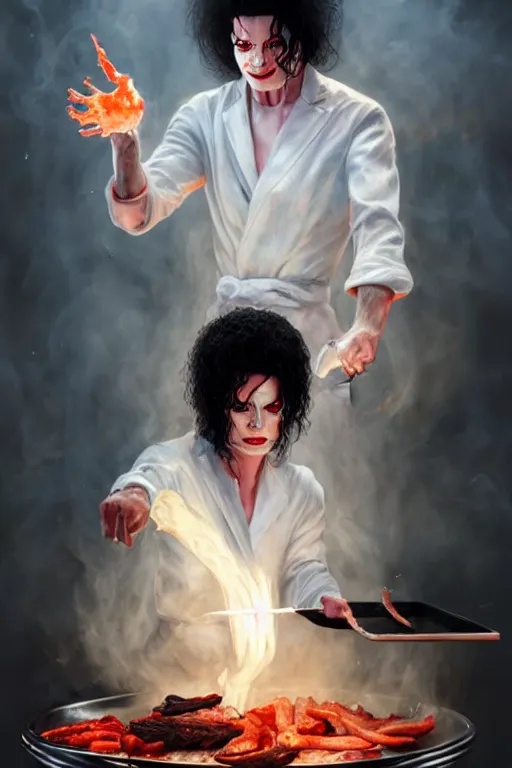 Prompt: white michael jackson cooking a bbq as a demon, anatomy, bathed in light, highly detailed, photorealistic, artstation, smooth, sharp focus, illustration, unreal engine 5, 8 k, art by artgerm and greg rutkowski and edgar maxence