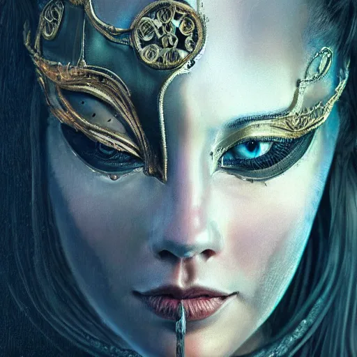 Image similar to Very very very very highly detailed epic photo of face with venetian mask, intricate, dystopian, sci-fi, extremely detailed, digital painting, artstation, concept art, smooth, sharp focus, illustration, intimidating lighting, incredible art by Artgerm