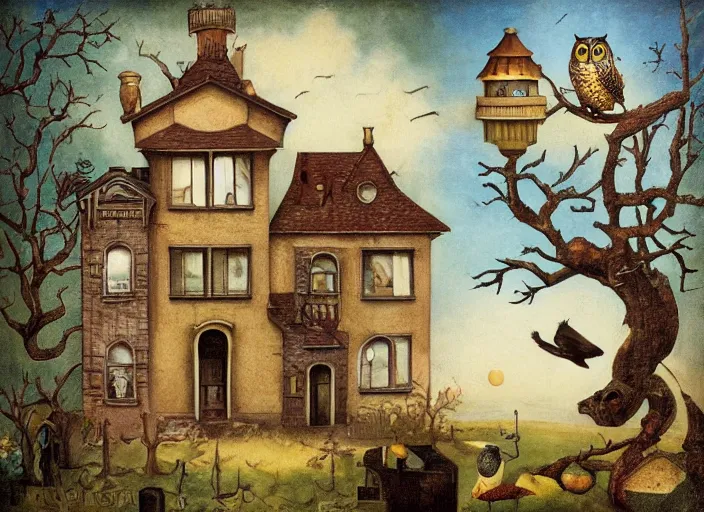 Prompt: a house with a tower, owl, birds, cheese, lowbrow in the style of mark ryden and francisco de goya,