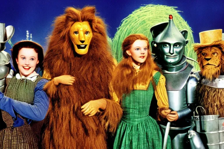 Prompt: Cinematography the wonderful wizard of Oz and Dorothy, tin man, the lion, the scarecrow by Emmanuek Lubensky