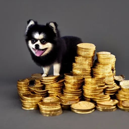 Image similar to A pomeranian wearing a top-hat, sitting on top of a large pile of gold coins