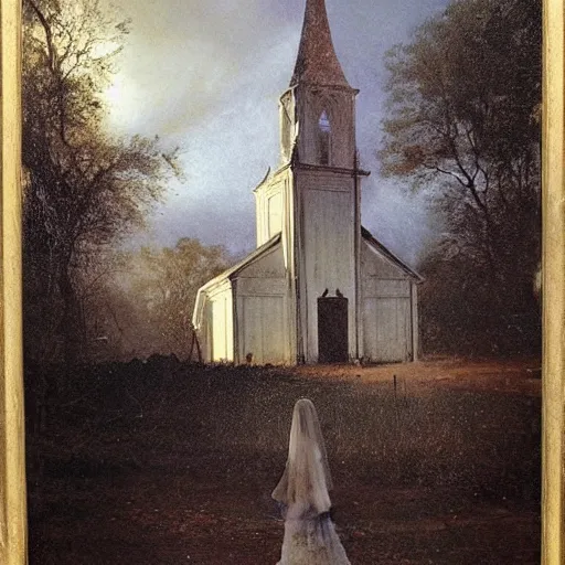 Image similar to picture of ghostly bride in front of an old wooden white church, 1 9 th century southern gothic scene, made by achenbach, andreas