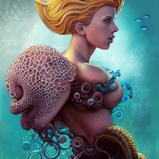 Prompt: lofi underwater mermaid biopunk bioshock portrait of scarlett johansson, octopus, Pixar style, by Tristan Eaton Stanley Artgerm and Tom Bagshaw.