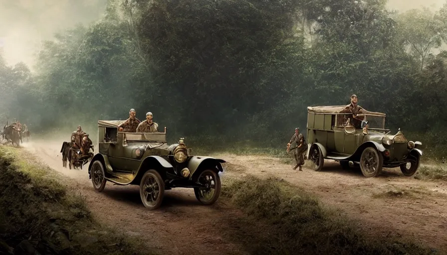 Prompt: british army driving a car in 1921 in kerala forest road, tribe members attacking, action scene, an epic fantasy, dramatic lighting, cinematic, establishing shot, extremely high detail, photorealistic, cinematic lighting, artstation, by christopher nolan, horizon forbidden west