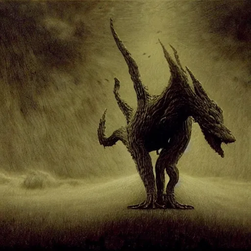 Image similar to fenrir beksinski, eldritch, apocalypse, creepy creature, horror spooky