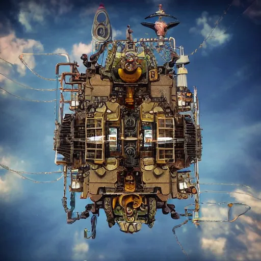 Image similar to flying city in a mechanical flower, sky, symmetry, fantasy art, steampunk, masterpiece, octane