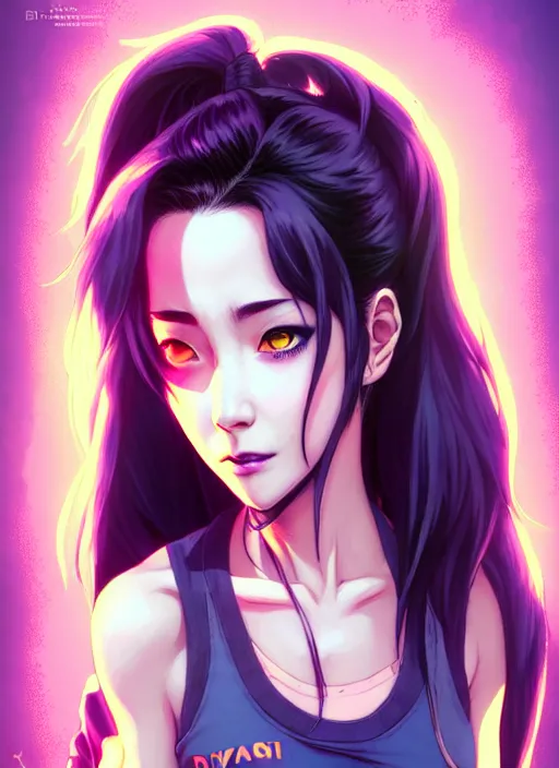 Image similar to a portrait of dilraba dilmurat as revy from black lagoon, smirk, black tank top, jean shorts, symmetrical eyes, symmetrical face, art by lois van baarle and loish and ross tran and rossdraws and sam yang and samdoesarts and artgerm, digital art, intricate, sharp focus, unreal engine 5