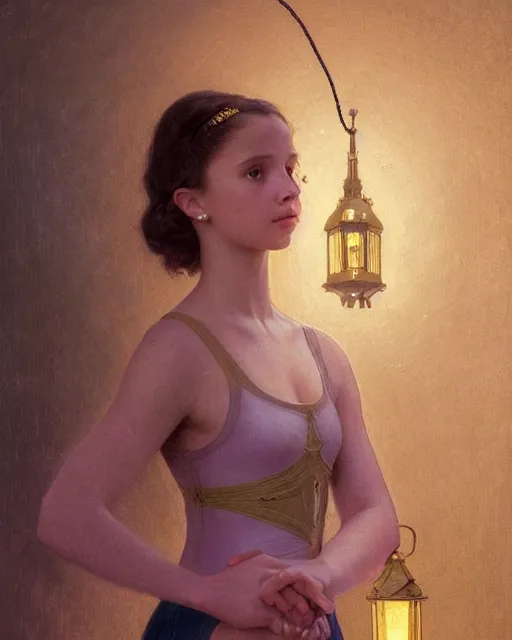 Image similar to a well - lit portrait painting of a shy, blushing 1 6 - year old alicia vikander or millie bobby brown in a leotard with lanterns at night, intricate, elegant, highly detailed, artstation, concept art, by krenz cushart and donato giancola and william adolph bouguereau and alphonse mucha