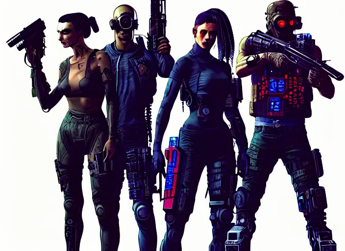 Prompt: cyberpunk blackops assassin squad. portrait by stonehouse and mœbius and will eisner and gil elvgren and pixar. character design. realistic proportions. cyberpunk 2 0 7 7 character art, blade runner 2 0 4 9 concept art. cel shading. attractive face. thick lines. the team. diverse characters. artstationhq.