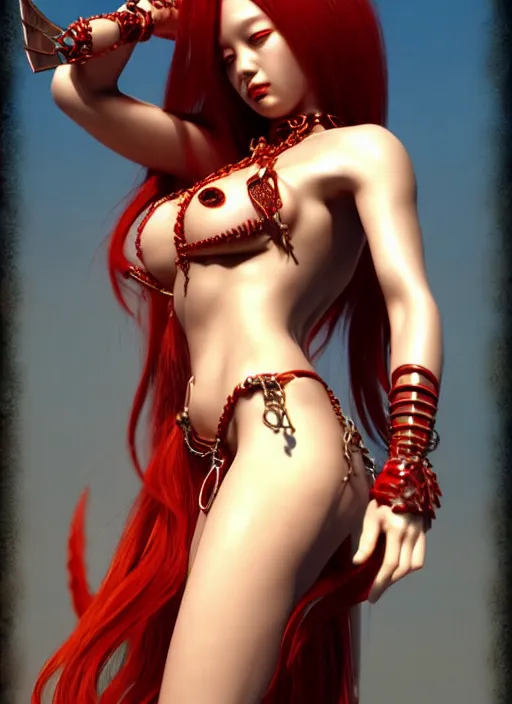 Image similar to full length complex 3 d hyper realistic smooth ultra sharp render of a gorgeous!! fiery chained red skinned demoness viking warrior bikini | high detail, 4 k, hd, symmetrical, proportional, cinematic, epic scene | art by oh jinwook + 吵 集 仁 儿 on artstaion + takeshi obata + alphonse mucha + jim lee