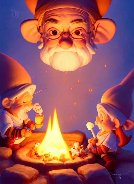 Image similar to cute gnomes roasting marshmallos, natural lighting, path traced, highly detailed, high quality, digital painting, by don bluth and ross tran and studio ghibli and alphonse mucha, artgerm