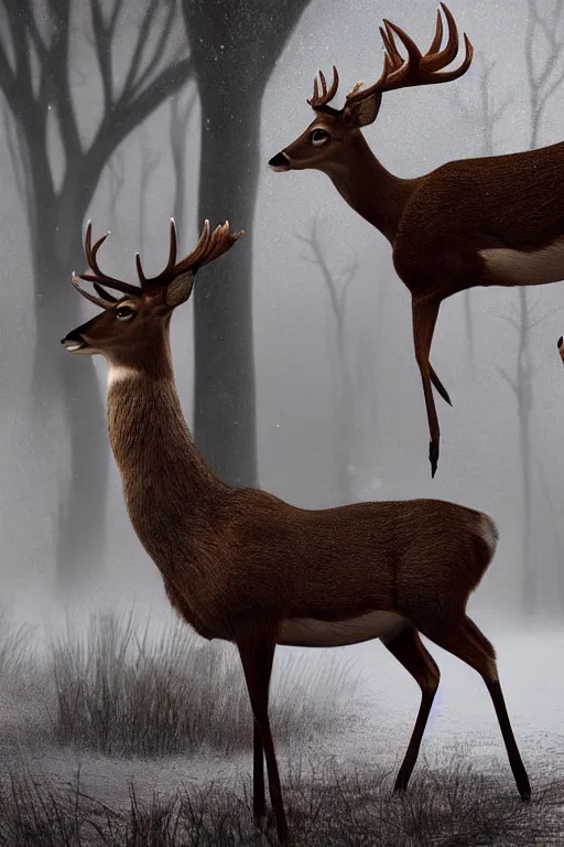 Image similar to a deer wearing a white formal coat conversing with a crow wearing a red formal coat, hyperrealistic, concept art, octane render, unreal engine 5, trending on DeviantArt, highly detailed, high quality, 8K, soft lighting, cute, natural lighting, realistic face, trending on Artstation, elegant clothes, profile picture, path traced, house background