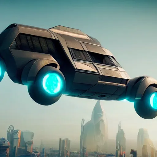 Prompt: cyberpunk alien concept of the a - team van with a pair of alien spaceship wings on the sides flying trough the sky, futuristic look, highly detailed body, very powerful, photorealistic camera shot, crisp quality and light reflections, unreal engine 5 quality render