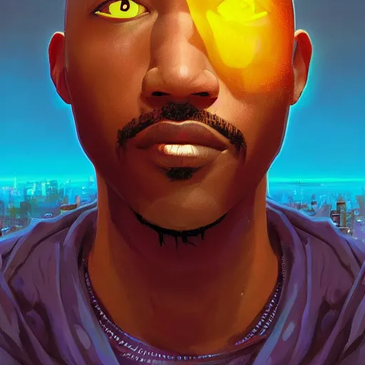 Prompt: bald afro - cyberpunk man with a goatee, manifesting dreams with ancestral magic in a modern world | hyperrealistic oil painting | by makoto shinkai, ilya kuvshinov, lois van baarle, rossdraws, basquiat | afrofuturism, in the style of surrealism, trending on artstation | dark color scheme