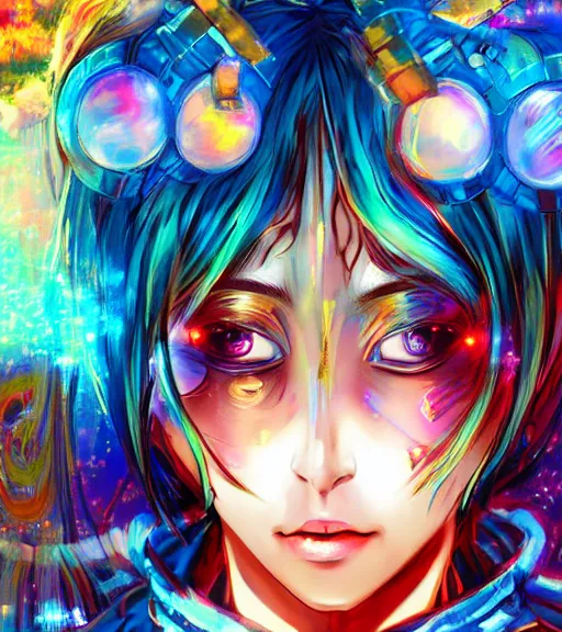Prompt: very beautiful portrait painting of a glitchpunk magical girl in a blend of manga - style art, augmented with vibrant composition and color, all filtered through a cybernetic lens, by hiroyuki mitsume - takahashi, perfect face, closeup, artstation, intricate, highly detailed, 8 k