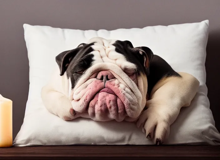 Image similar to a closup, 4 5 mm, portrait of a sleeping english bulldog on a pillow in a bed, candle light, 4 5 mm, by franz lanting