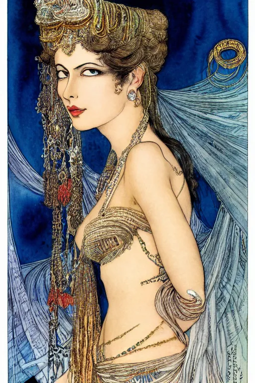 Prompt: detailed portrait of mata hari closeup face surrounded by swirling sari fabric frame, art by luis royo and walter crane and kay nielsen, watercolor illustration, sharp focus