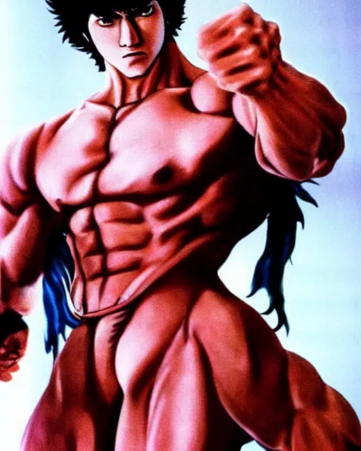 Image similar to Photograph of handsome muscular Japanese actor dressed as Kenshiro from fist of the North Star, photorealistic, photographed in the style of Annie Leibovitz