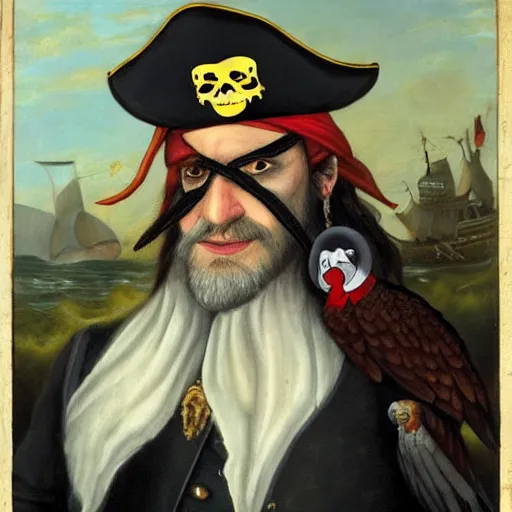 Prompt: a pirate Putin with a long black beard and an eye-patch and a parrot on his shoulder, portrait