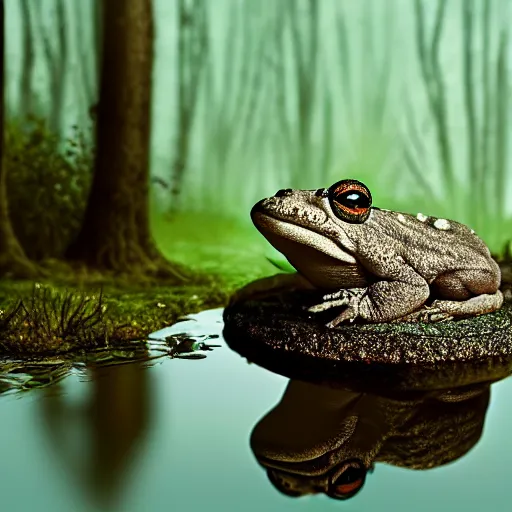 Prompt: toad philosopher in the pose of a thinker, swamp, hyperrealism, symmetric, by Irving Penn, bokeh top cinematic lighting , cinematic mood, very detailed, shot in canon