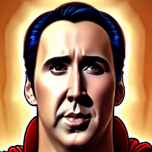 Image similar to portrait of nicolas cage as superman, intricate, elegant, highly detailed, digital painting, artstation, concept art, smooth, sharp focus, illustration, art by artgerm and greg rutkowski and alphonse mucha, 8 k