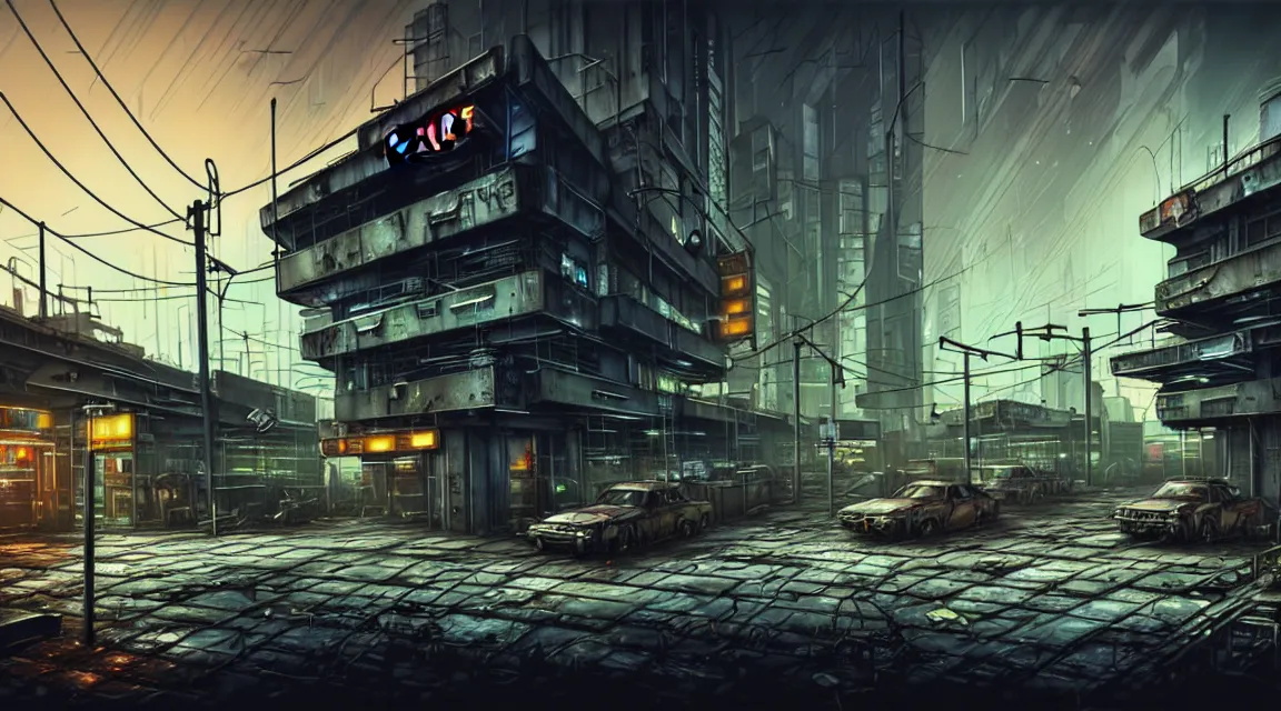 Image similar to post apocalyptic cyberpunk police station, building, avenue, urban architecture, americana architecture, concrete architecture, cloudy sky, paved roads, in the style of guido borelli, trending on artstation, photorealistic, wild vegetation, utopian, futuristic, blade runner, vivid colors scheme, neon signs, sharp, clear, focus