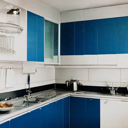 Prompt: photograph of a midcentury modern kitchen, blue and white colors, perfect, magazine image, highly detailed, 3 5 mm