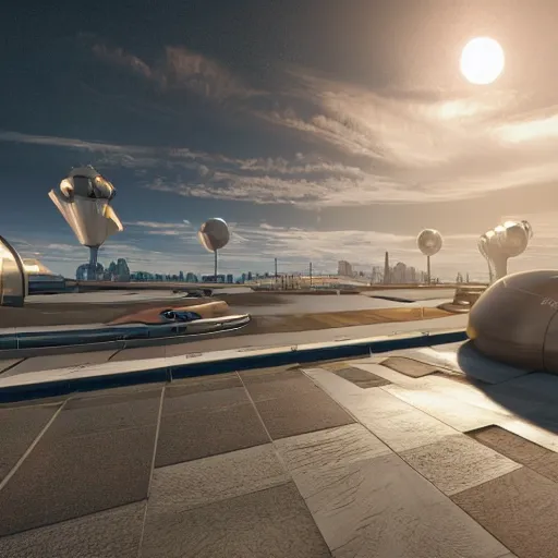 Image similar to high detailed photorealistic image of a retro Futurism inspired by Jacque Fresco. by Tim Razumovsky. sun rays shine upon it. mist. science. unreal engine. octane render