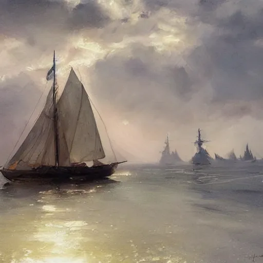 Prompt: oil painting of boat with translucent sail, backlit ship, details, decorative, art by anders zorn, wonderful masterpiece by greg rutkowski, beautiful cinematic light, american romanticism by greg manchess, creation by tyler edlin, stormclouds and harbour in distant background, foggy