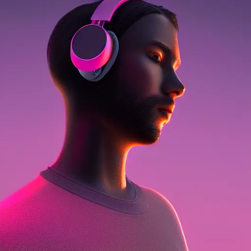 Image similar to intense futuristic bespoke, headphones, james, artstation trending, 8 k, 3 d render, photorealistic, volumetric lighting caustics, pink