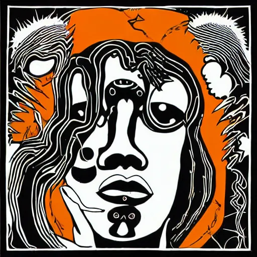 Image similar to post - punk new age album cover, black, white, orange, psychedelic, magic, deforge michael