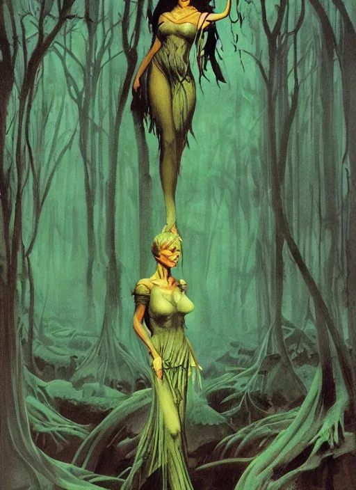 Image similar to mighty fey queen, vine dress, glowing forest, strong line, eerie color, beautiful! coherent! by frank frazetta, by brom