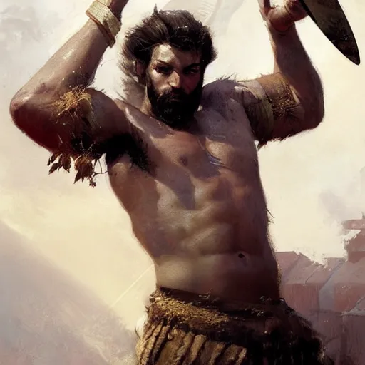 Image similar to young gladiator man with short sandy hair and a trim beard, big forehead, dopey expression, athletic, fantasy character portrait by greg rutkowski, gaston bussiere, craig mullins