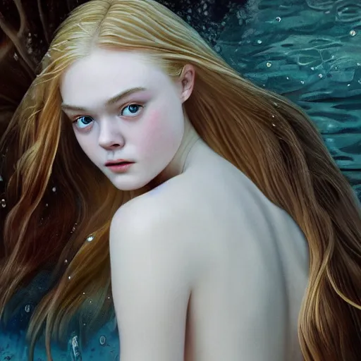 Prompt: Painting of Elle Fanning underwater, long blonde hair, delicate, pale milky white porcelain skin, by Oda Sonderland. 8K. Extremely detailed.