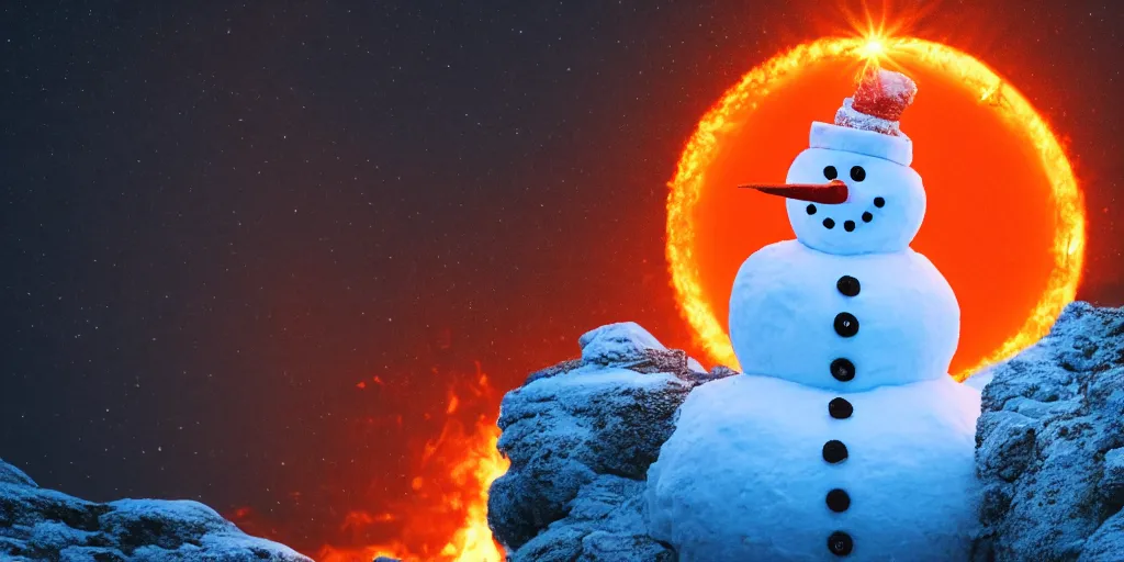 Image similar to a snowman standing on top of the sun. the ground is made of fire and lava and is glowing orange. cinematic, dramatic, volumetric lighting, atmospheric, red, orange extremely coherent, 8 k, space