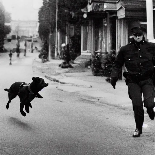 Image similar to a dog wearing a policeman uniform, chasing a robber down a street, polarid