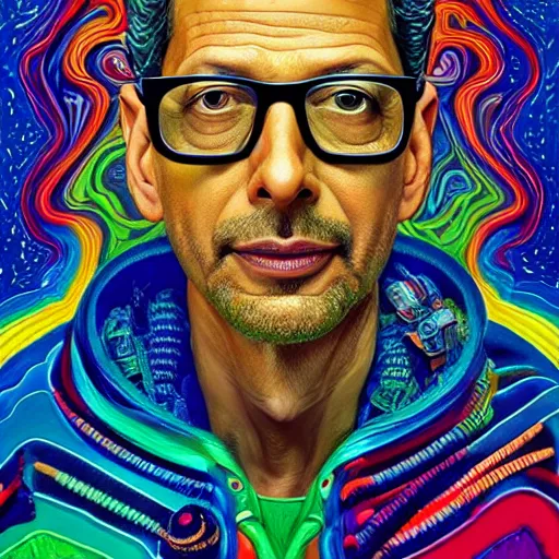 Image similar to Jeff Goldblum an extremely psychedelic experience, colorful, surreal, dramatic lighting, cosmonaut, LSD, face, detailed, intricate, elegant, highly detailed, digital painting, artstation, concept art, smooth, sharp focus, illustration, art by Sam Spratt, Dan Mumford, Artem Demura and Alphonse Mucha