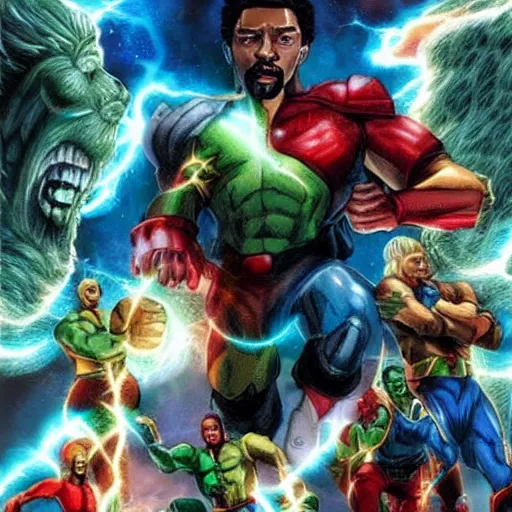 Image similar to epic scene hyper realistic version of captain planet, earth, wind, fire, love, light, fight, live action, awesome,