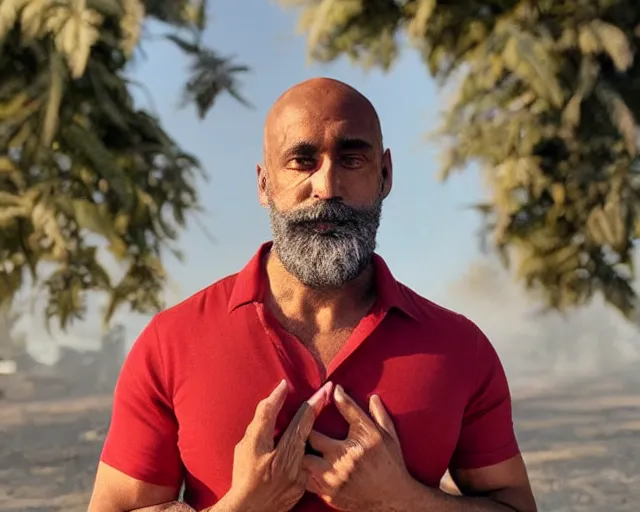 Prompt: mr robert smoke weed and meditate, he has dark grey hairs, detailed glad face, muscular chest, visible belly, golden hour closeup photo, red elegant shirt, eyes wide open, ymmm and that smell