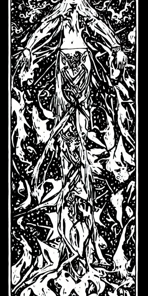 Image similar to a beautiful black and white fractal tarot card featuring bold occult imagery with clean lines. female demon.