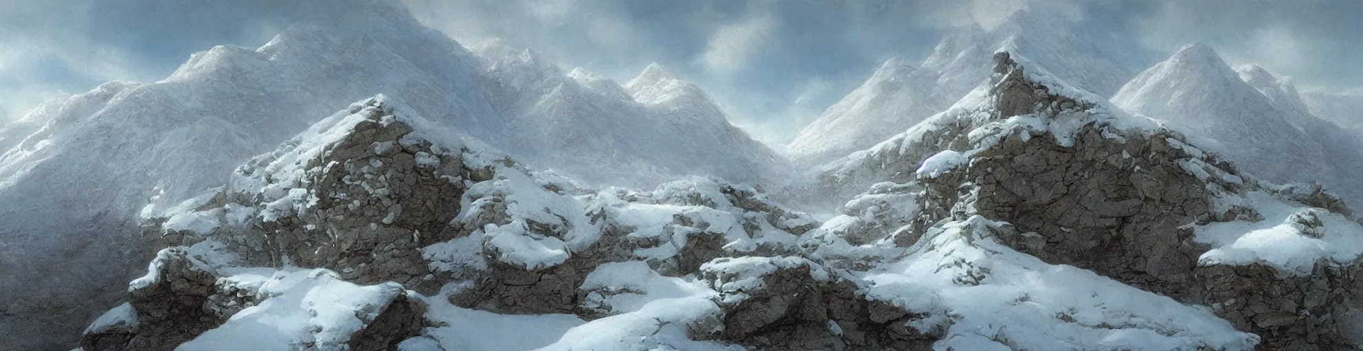 Prompt: beautiful painting of mountain landscape covered in snow by john howe, fantasy