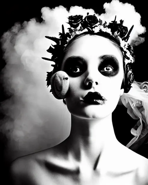 Image similar to dreamy surreal poetic black and white photo of a beautiful young female-cyborg-vegetal with a very long neck and a super big gothic lace collar filled with dead flies and a very high big floral crown with many black dry roses by Vivienne Westwood:: smoke, high fashion, haute couture, rococo, avant-garde, elegant, dreamy, hyper realistic, 150 mm lens, soft rim light, octane render, unreal engine, picture was taken in 1910 by Dora Maar, volumetric lighting, dramatic light,8k,