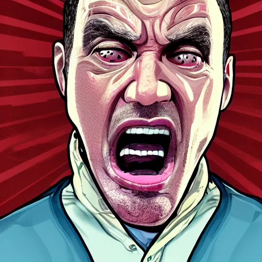 Prompt: upset delusional trippy conspiracy theorist person illustrated in the style of a GTA V poster, detailed, closeup