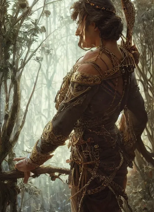 Image similar to intricate detailed portrait painting of a male fantasy ranger, old mystic ruins, afternoon, intricate, elegant, highly detailed, digital painting, sharp, focus, illustration art by artgerm and greg rutkowski and alphonse mucha