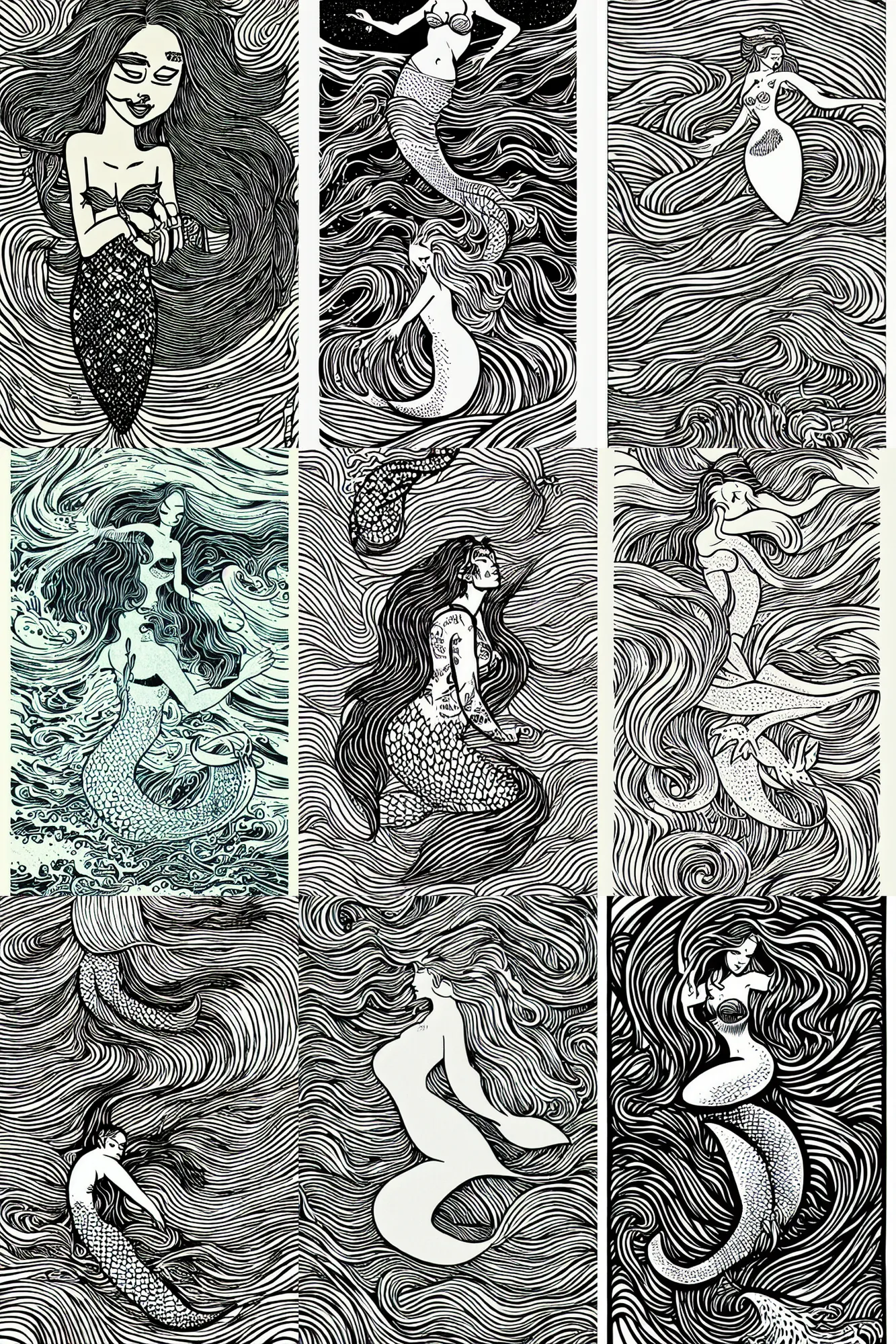 Prompt: mermaid, waves by MCBESS, colour print