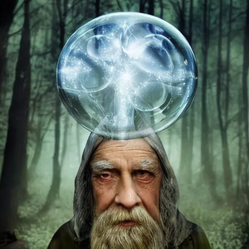 Prompt: an old wizard trapped inside a floating soap bubble among the trees, ethereal, fantasy, style of tom hildebrandt, dramatic lighting