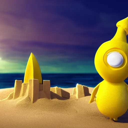 Image similar to 3 d octane render, of an anthropomorphic lemon character inspired by cartoon adventure time with lemon skin texture, it is wearing a hat, building a sandcastle on the beach at sunset, beach, huge waves, sun, clouds, long violet and green trees, rim light, cinematic photography, professional, sand, sandcastle, volumetric lightening