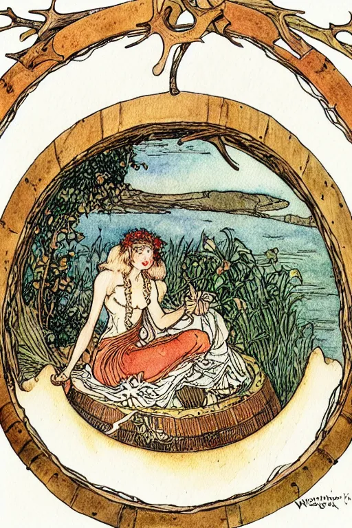 Image similar to a frothy wooden wine barrel in the center of a circular frame made of antlers, art by walter crane and arthur rackham, illustration style, watercolor