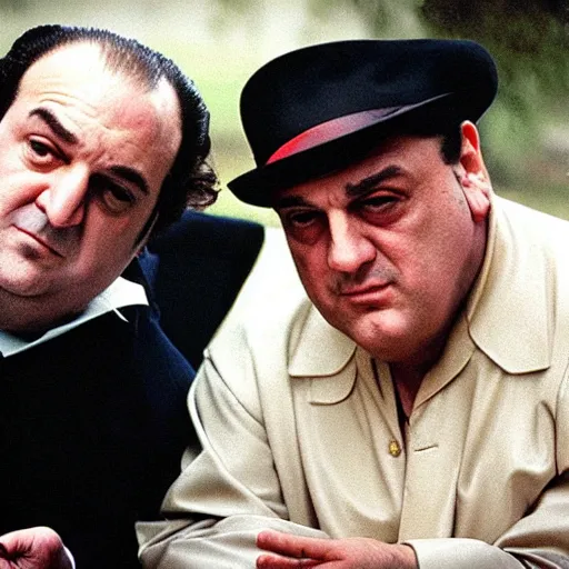 Image similar to a selfie photo of tony soprano and vito corleone, 8 k