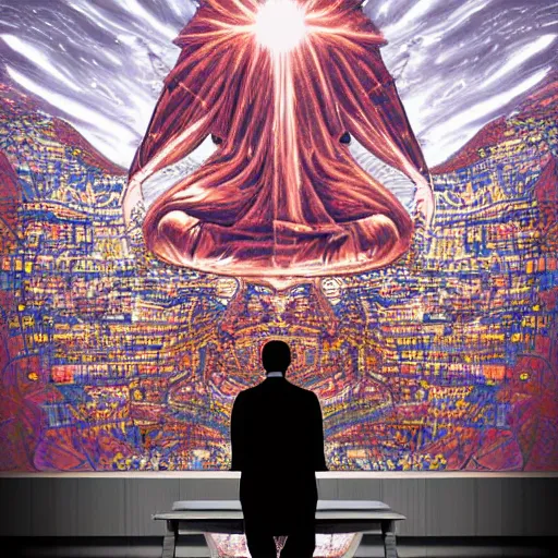 Image similar to a giant computer god towering above praying individuals made out of organic materials, dramatic backlighting, 3 5 mm, digital art, realistic